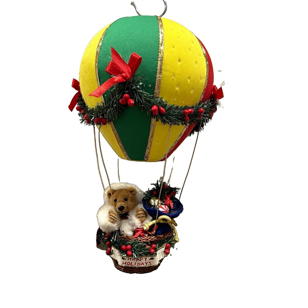 Christmas Holiday Hot Air Balloon Hanging Ornament Teddy Bear 14in Striped